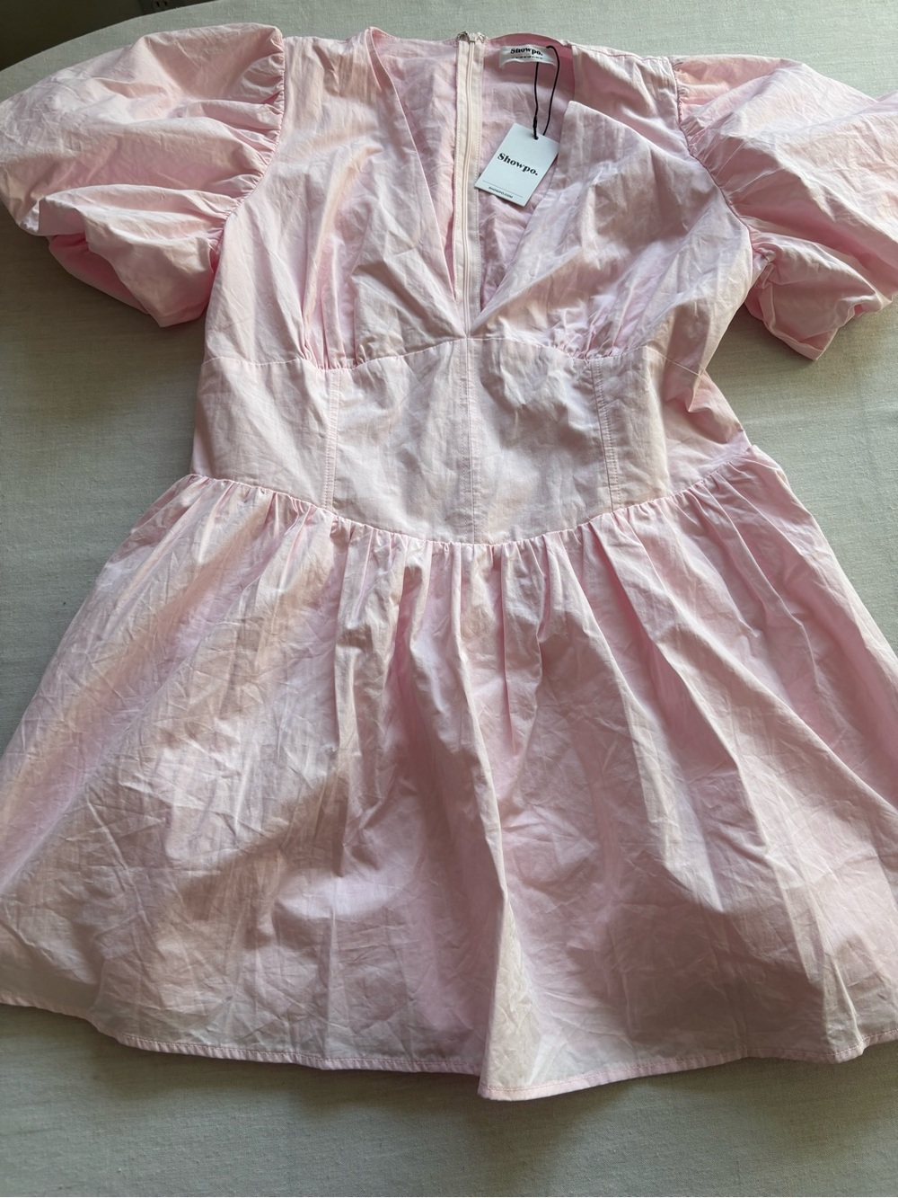 NWT Showpo Nelli Puff Sleeve Shirred Back Mini Dress Baby Pink Cotton Size 14 - Picture 2 of 10